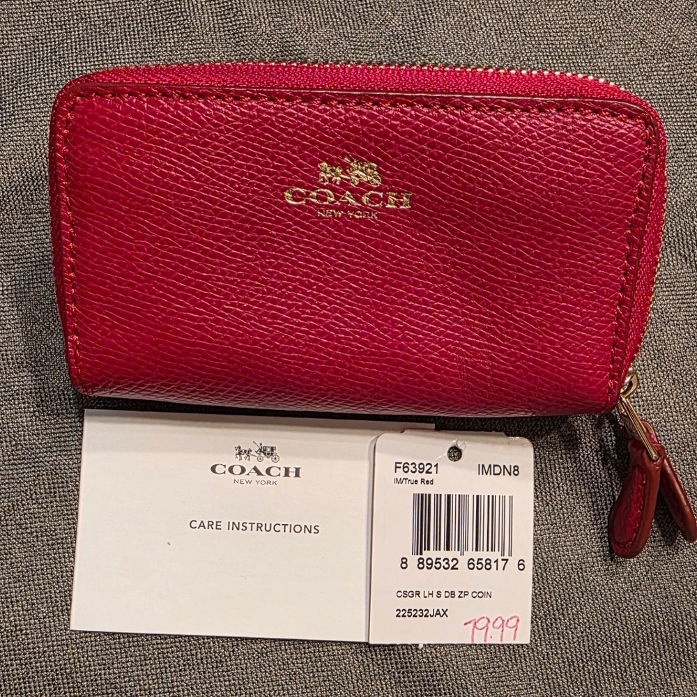 Coach Double Zip Coin Case Women Small True Red Crossgrain Leather F63921